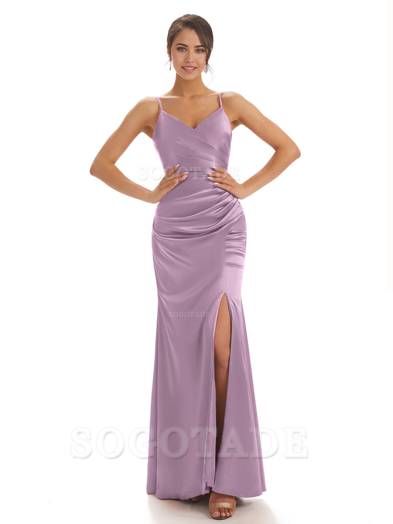 Spaghetti Straps Pleats Satin formal dresses evening gown Bridesmaid Dresses With Side Slit 
