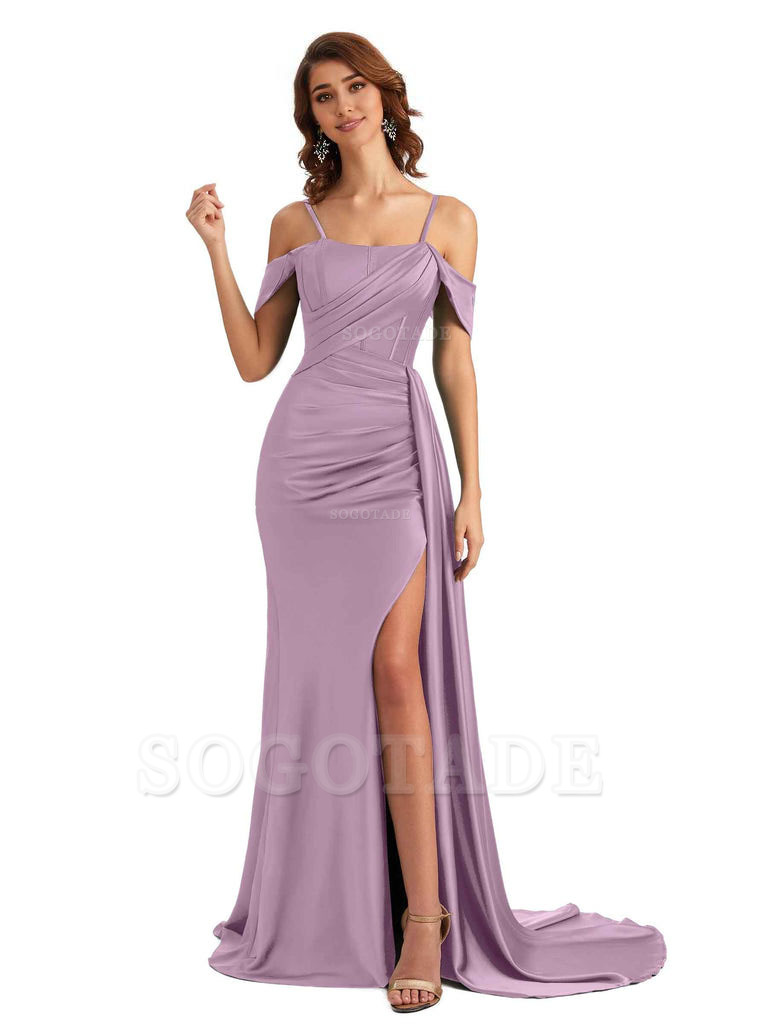 Sexy Side Slit Cold Shoulder Mermaid Satin Chic Long Wedding Guest Dresses