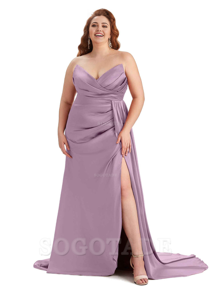 Sexy V-neck Side Slit Sleeveless Mermaid Soft Satin Long Plus Size Bridesmaid Gowns