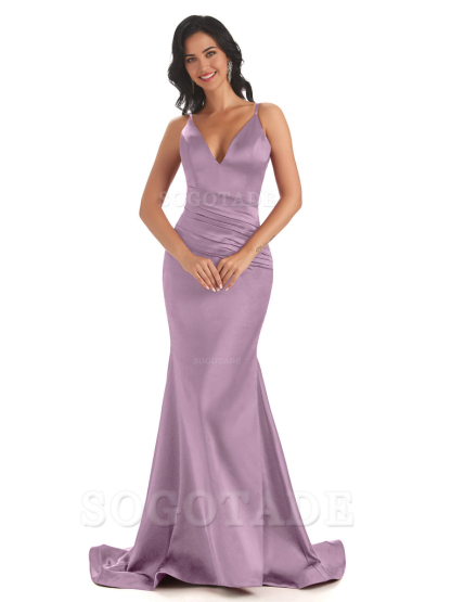 Mermaid Spaghetti V-Neck Straps Satin Long formal dresses evening gown Bridesmaid Dresses With Side Slit 