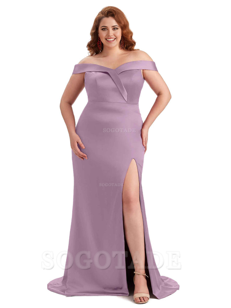 Elegant Off The Shoulder Sleeveless Side Slit Mermaid Soft Satin Long Plus Size Bridesmaid Gowns