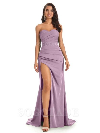 Mermaid Strapless Sweetheart Satin Long formal dresses evening gown Bridesmaid Dresses With Side Slit 