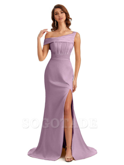 Elegant Asymmetrical Neck Soft Satin Side Slit Long Mermaid Bridesmaid Dresses