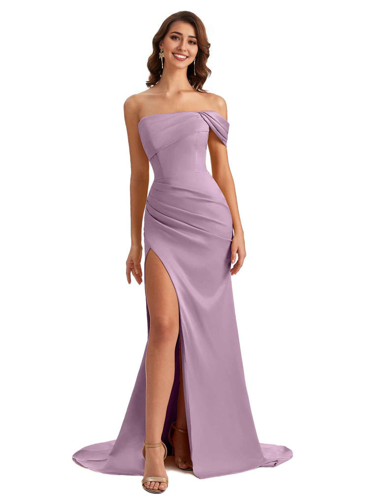 Unique One Shoulder Side Slit Satin Long Formal Dresses For Bridesmaid Dresses