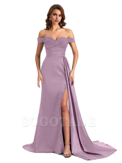 Sexy Off The Shoulder Mermaid Side Slit Silky Satin Long Bridesmaid Dress For Wedding