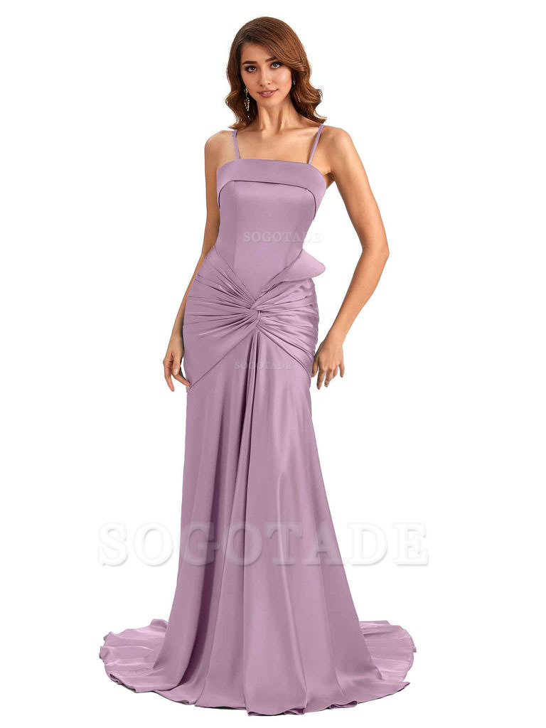 Sexy Mermaid Spaghetti Straps Silky Satin Unique Long Bridesmaid Dress For Wedding
