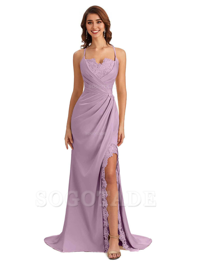 Sexy Side Slit Spaghetti Straps Lace Mermaid Silky Satin Wedding Guest Dresses