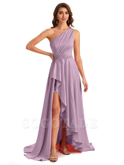 Sexy One Shoulder A-Line High Low Silky Satin Lace Long Formal Wedding Guest Dresses
