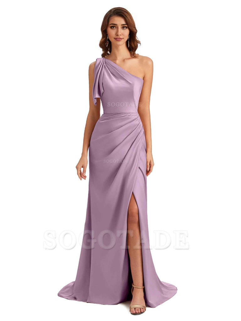 Sexy One Shoulder Mermaid Side Slit Unique Silky Satin Bridesmaid Dresses 