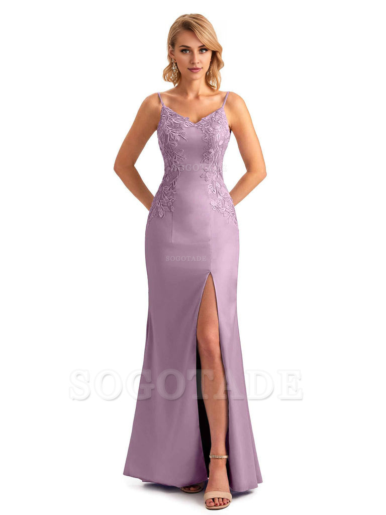 Sexy Side Split Mermaid Spaghetti Straps Soft Satin Unique Lace Long Bridesmaid Dresses