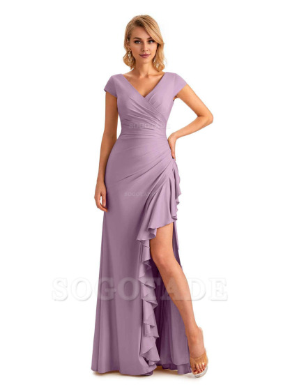 Sexy Side Slit Short Sleeves Mermaid Soft Satin Unique Long Maid Of Honor Dresses