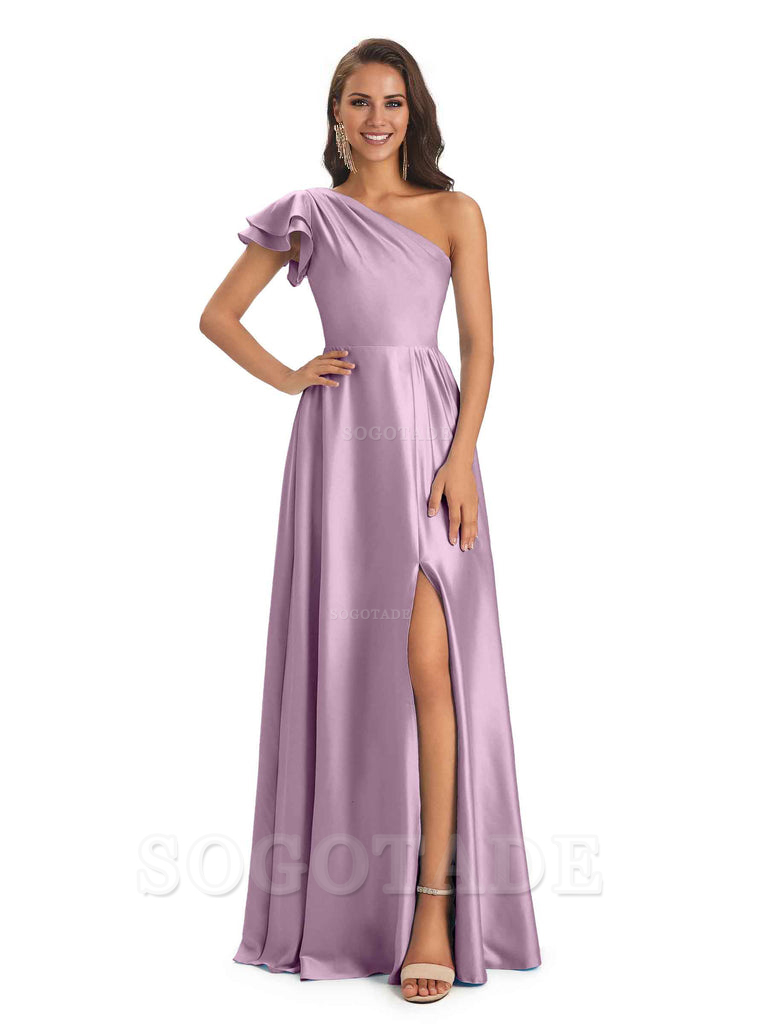 A-Line One Shoulder Ladies Long Bridesmaid Dresses Soft Satin Side Slit Elegant Evening Party Dress