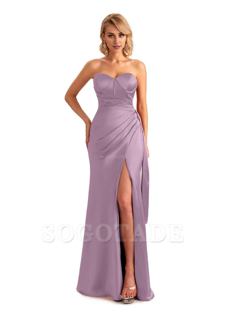 Sexy Side Slit Strapless Mermaid Soft Satin Unique Long Bridesmaid Dress For Wedding
