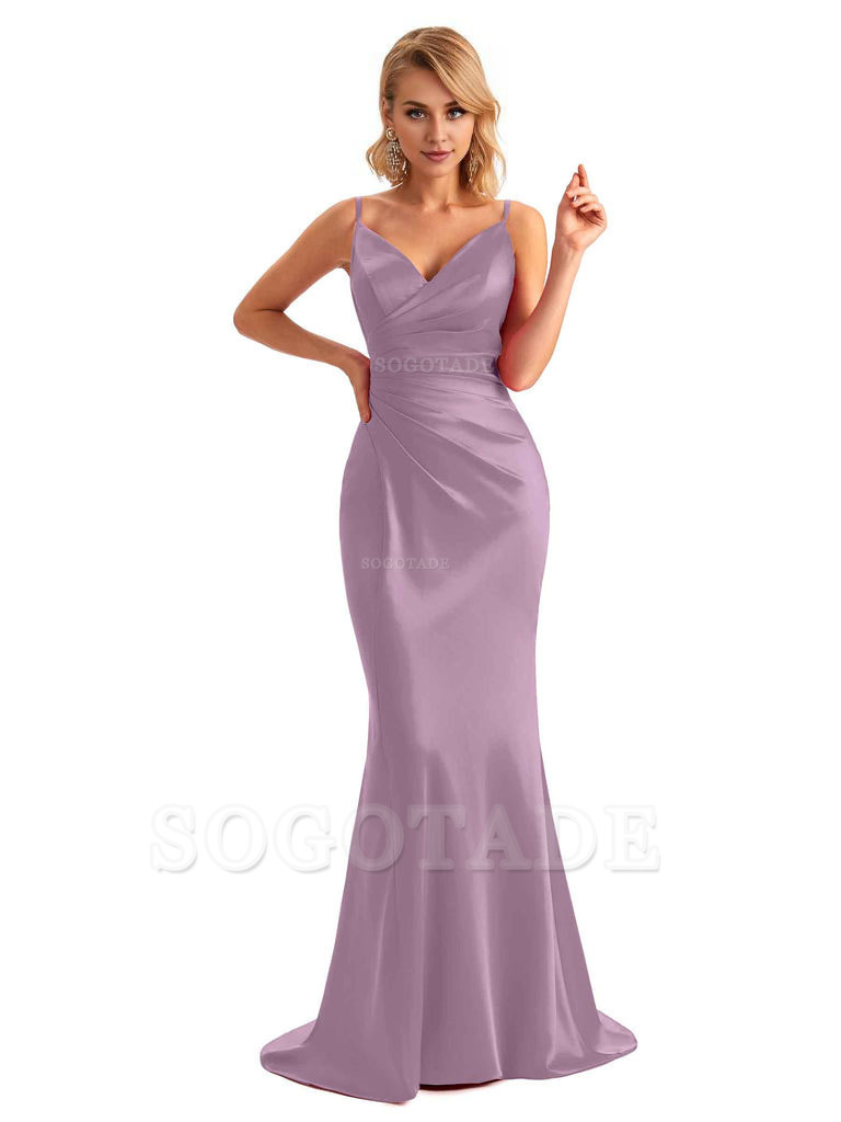  Sexy Backless Mermaid Spaghetti Straps Unique Long Formal Satin Dress For Women