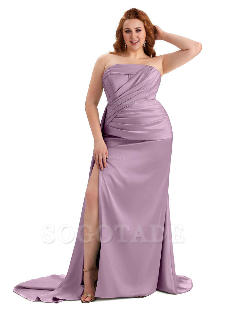 Sexy Side Slit Mermaid Soft Satin Formal Wedding Plus Size Bridesmaid Dresses
