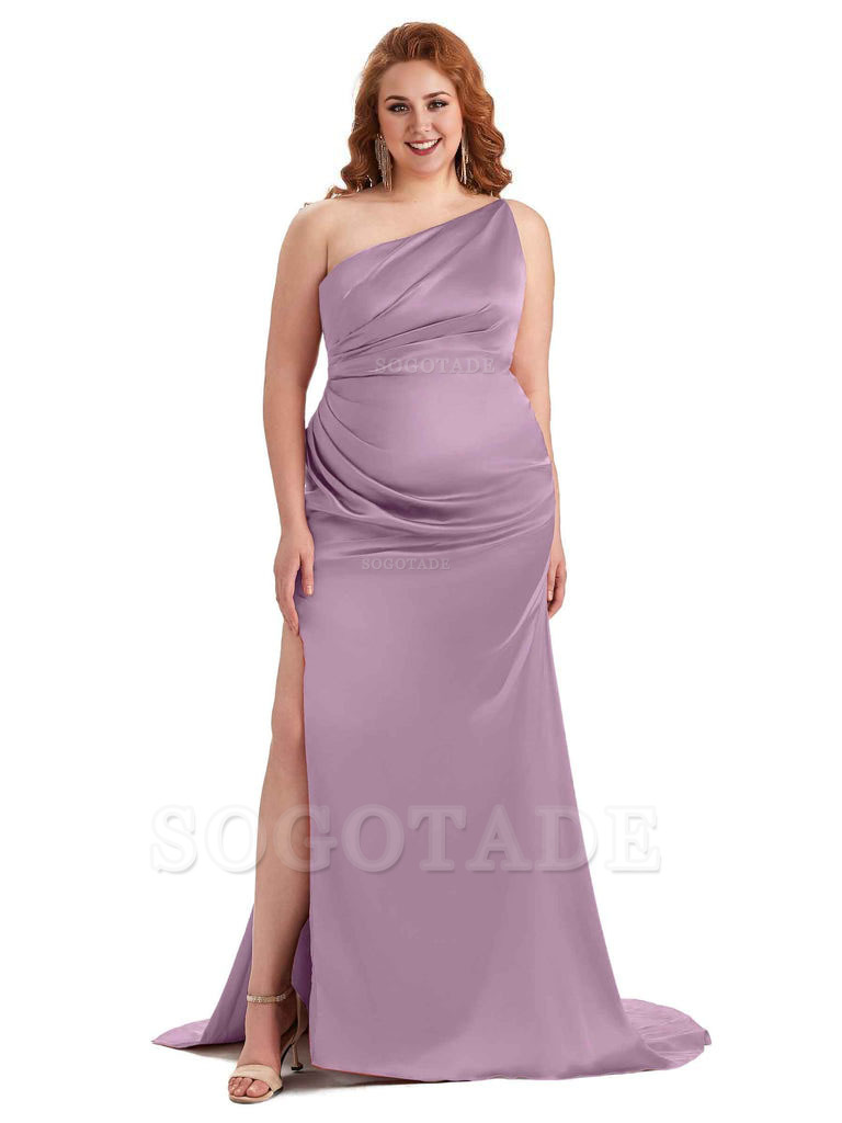 Sexy One Shoulder Side Slit Mermaid Soft Satin Long Plus Size Bridesmaid Dress For Wedding
