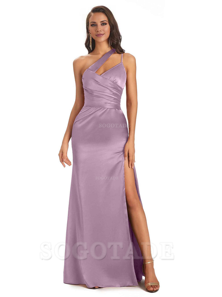 Elegant Soft Satin Side Slit One Shoulder Floor-Length Maxi Bridesmaid Dresses Evening Party Dress
