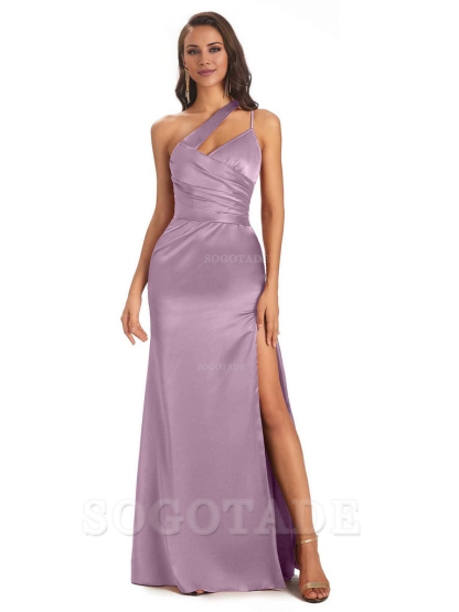 Elegant Soft Satin Side Slit One Shoulder Floor-Length Maxi Bridesmaid Dresses Evening Party Dress