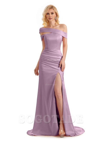 Elegant Asymmetrical Unique Soft Satin Side Slit Long Mermaid Bridesmaid Dresses Charming Evening Party Dress