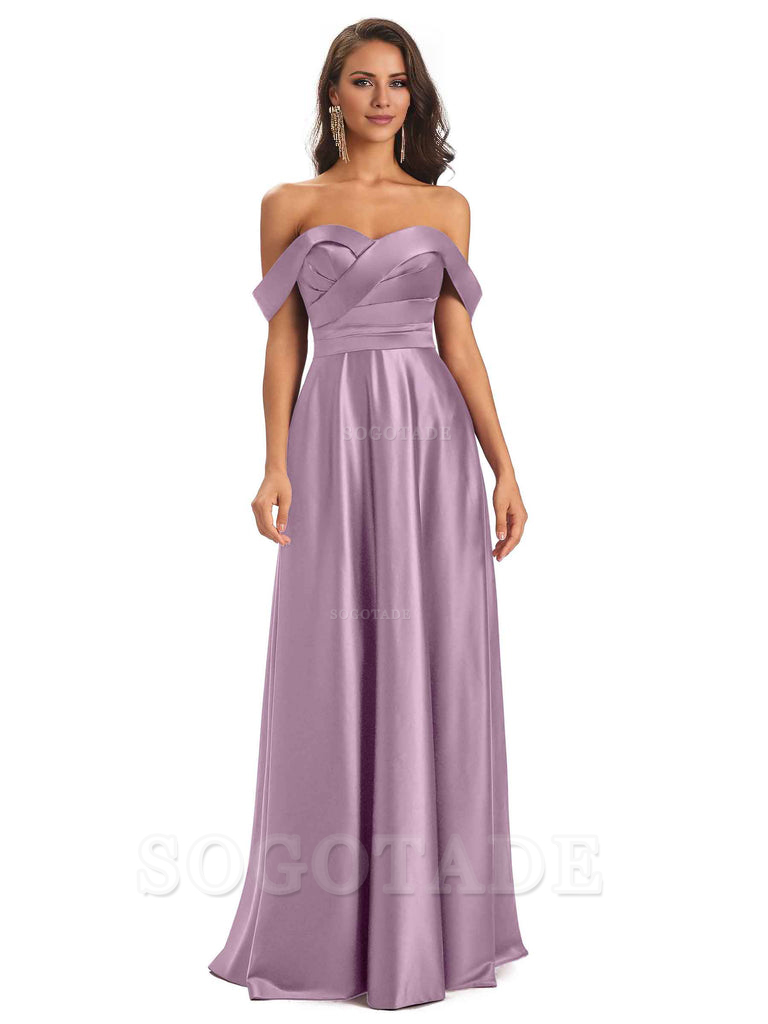 Sexy Soft Satin Off The Shoulder A-Line Long Bridesmaid Dresses Elegant Evening Party Dress