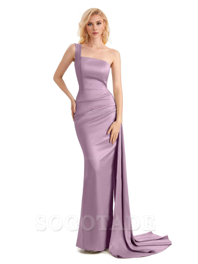 Elegant One Shoulder Soft Satin Mermaid Unique Long Bridesmaid Dresses Charming Evening Party Dress