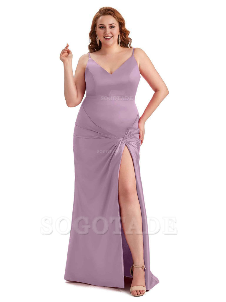 Sexy Spaghetti Straps V-neck Side Slit Mermaid Soft Satin Long Plus Size Bridesmaid Dress