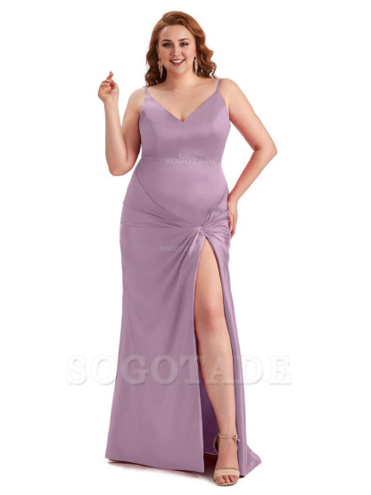 Sexy Spaghetti Straps V-neck Side Slit Mermaid Soft Satin Long Plus Size Bridesmaid Dress