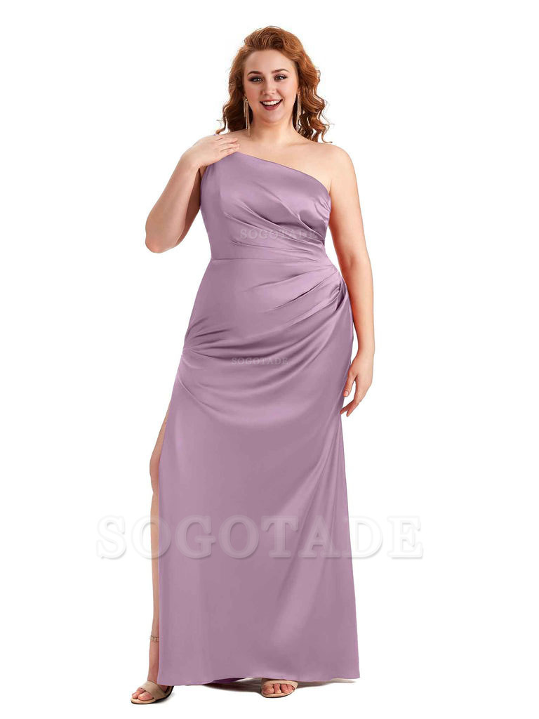 Sexy Side Slit One Shoulder Mermaid Soft Satin Long Plus Size Maid of Honour Dresses