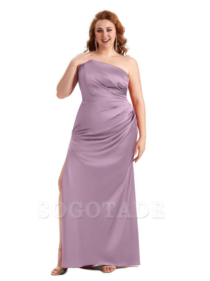 Sexy Side Slit One Shoulder Mermaid Soft Satin Long Plus Size Maid of Honour Dresses