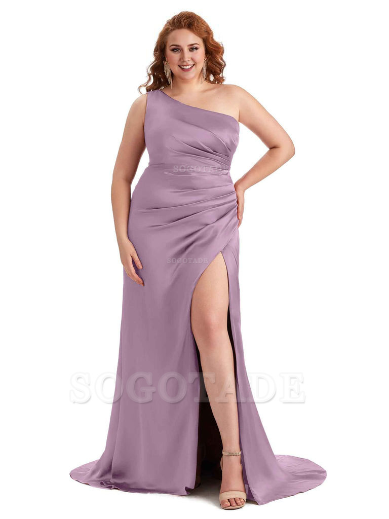 Sexy One Shoulder Side Slit Mermaid Soft Satin Long Plus Size Maid of Honor Dress For Wedding