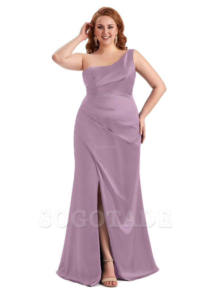 Sexy Side Slit One Shoulder Mermaid Long Plus Size Satin Maxi Dresses