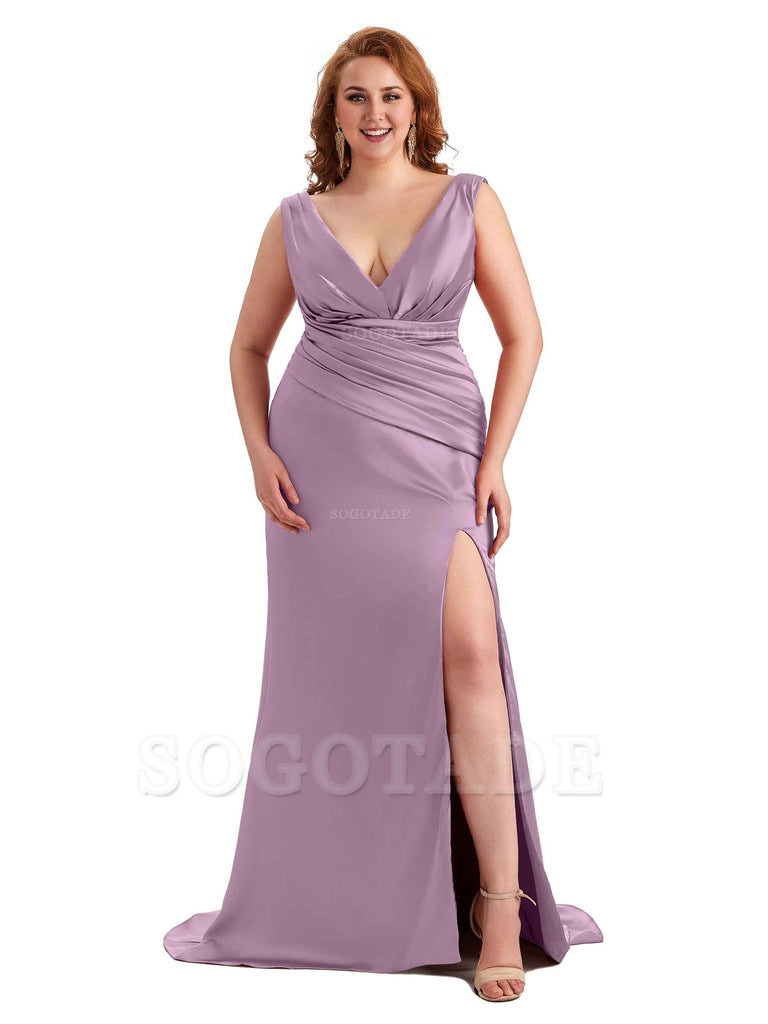 Elegant V-neck Side Slit Mermaid Soft Satin Long Plus Size Bridesmaid Dress For Wedding