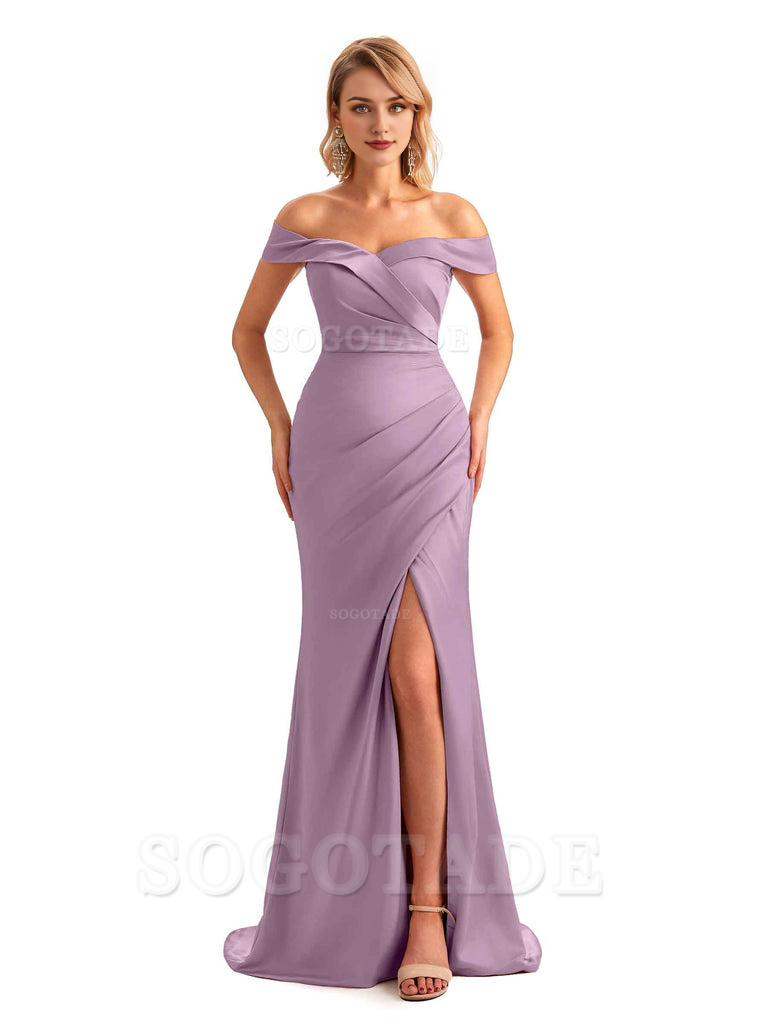 Off Shoulder Side Slit Mermaid Silky Satin Unique Long Formal Wedding Guest Dresses Online