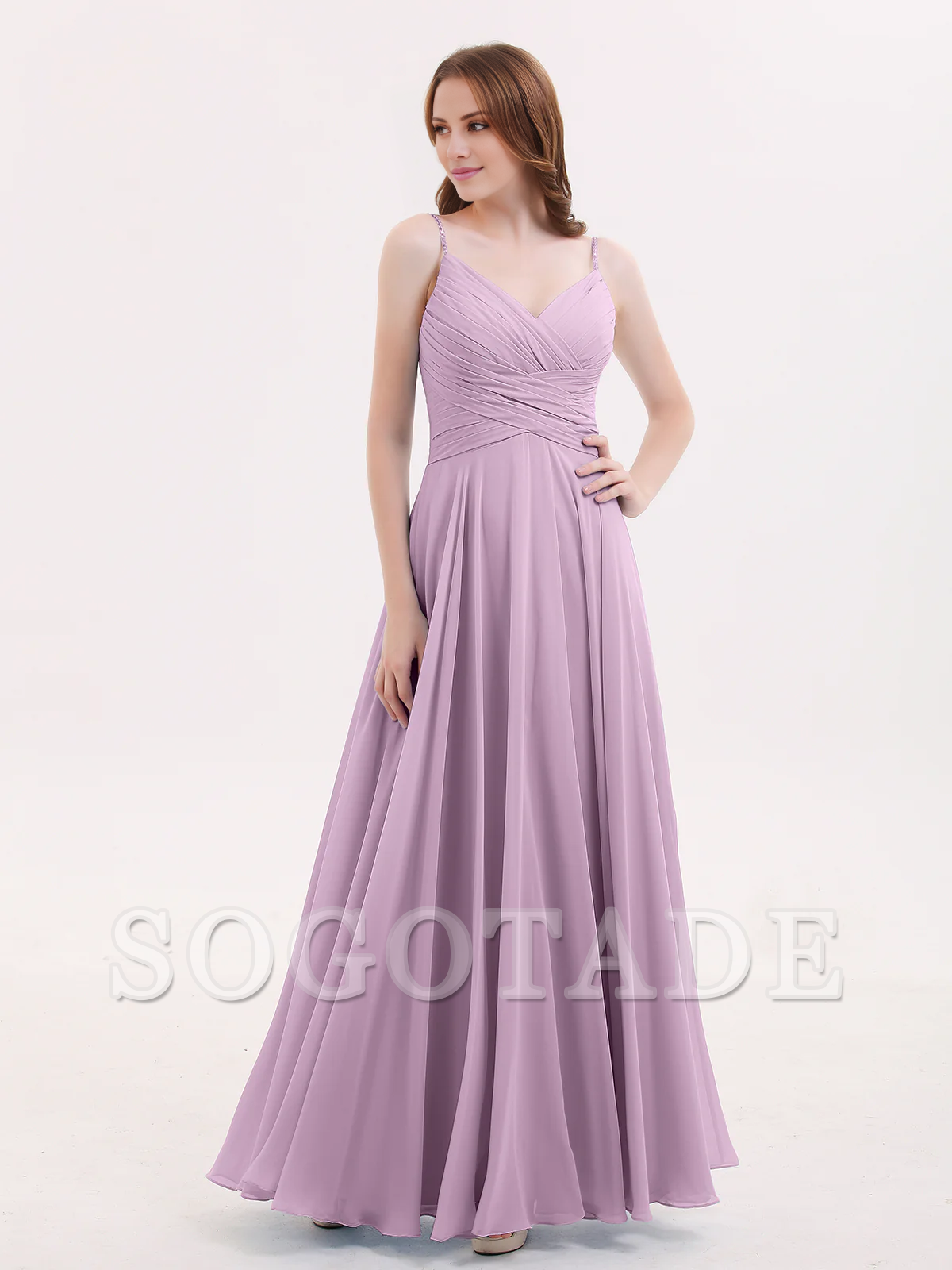 V-neck Fine Shoulder Strap Floor Length Chiffon Bridesmaid Dresses Online