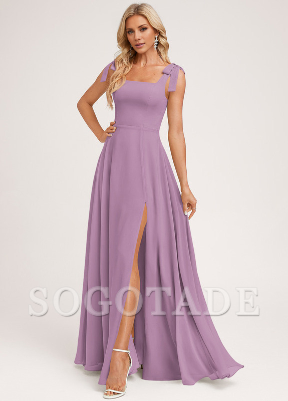 A-shaped square bow landing chiffon bridesmaid dress