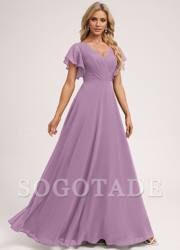 Ruffle A-line V-neck and floor chiffon bridesmaid dress