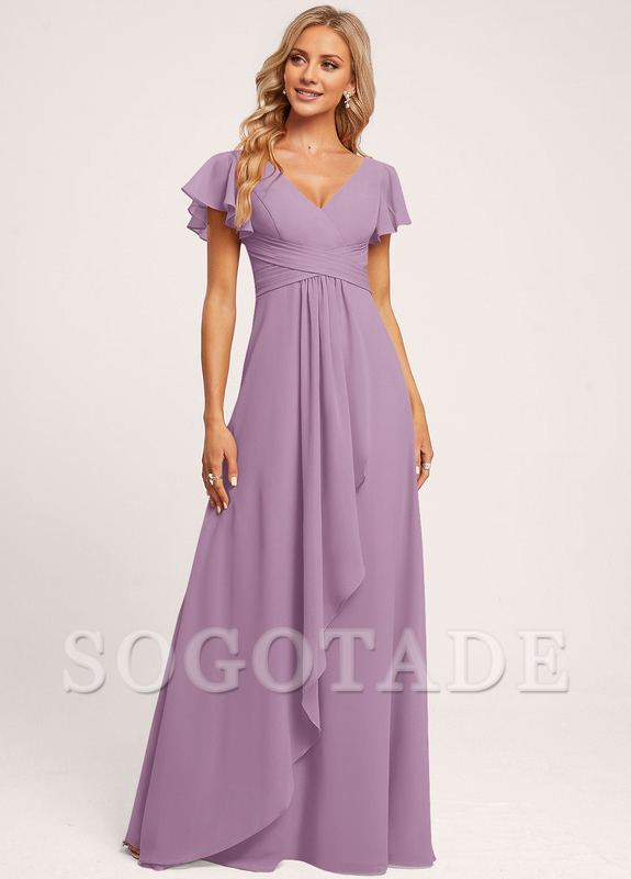 Ruffle A-line V-neck and floor chiffon bridesmaid dress