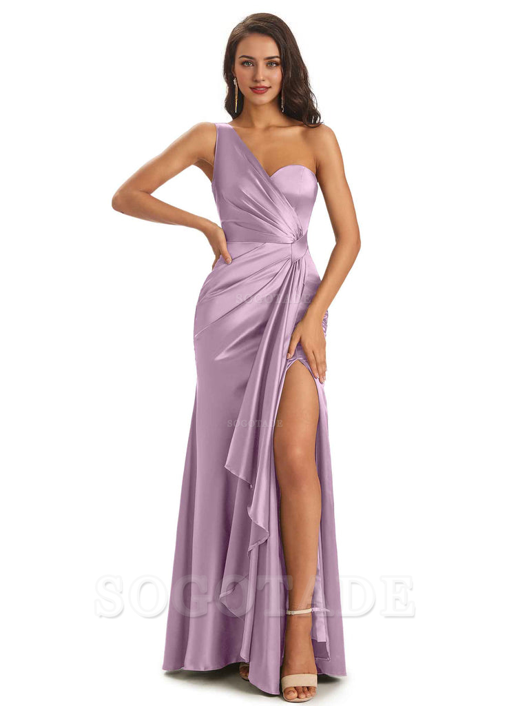 Elegant Soft Satin Side Slit One Shoulder Unique Mermaid Bridesmaid Dresses Online prom dresses shops
