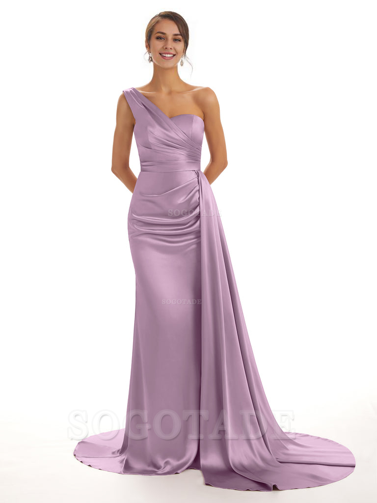 Elegant One Shoulder Soft Satin Unique Mermaid Long Bridesmaid Dresses Online prom dresses shops