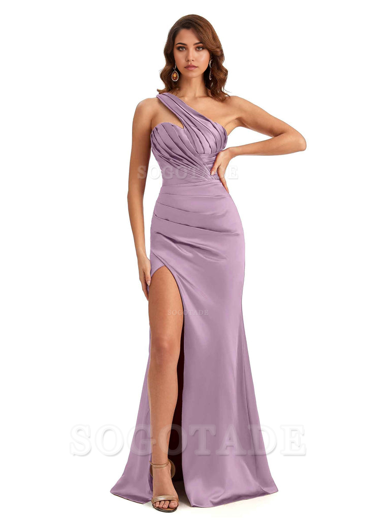 Sheath One shoulder Satin formal dresses evening gown Bridesmaid Dresses With Side Slit 
