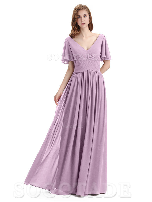 A-Line Chiffon Short Sleeves Elegant Floor-Length Bridesmaid Dresses Formal Women's Dresses Wedding Guests Dresses