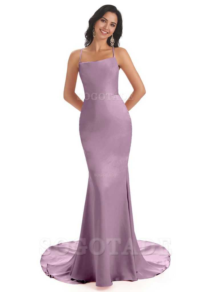 Mermaid Spaghetti Backless Straps Satin Long formal dresses evening gown Bridesmaid Dresses