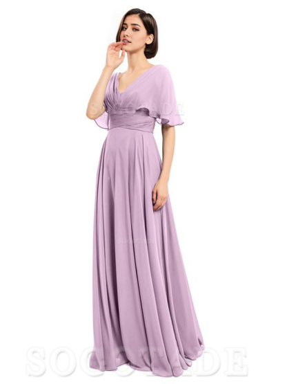  V-Neck Cap Sleeves Sleeves Chiffon Long Elegant Bridesmaid Dresses Formal Wear Dresses