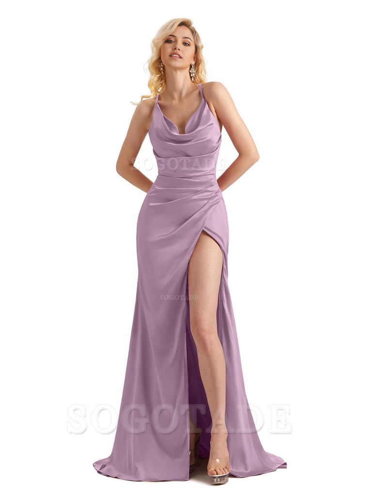 Sheath Cowl Neck Satin formal dresses evening gown Bridesmaid Dresses With Side Slit 
