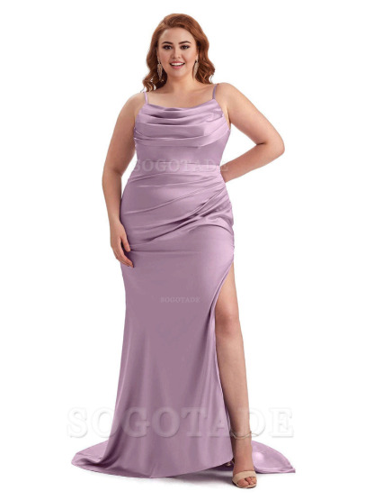 Sexy Jewel Side Slit Mermaid Soft Satin Long Plus Size Bridesmaid Dress For Wedding