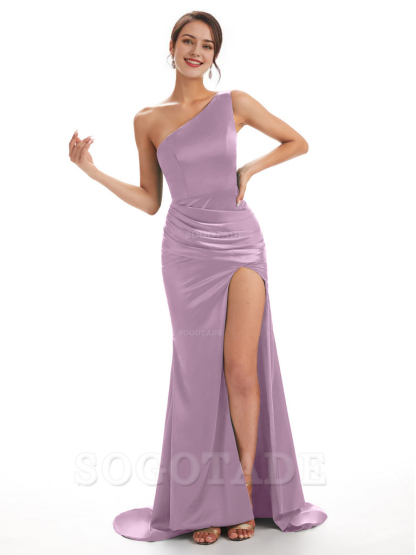 Sexy Soft Satin Side Slit One Shoulder Long Mermaid Bridesmaid Dresses Online prom shop dresses ﻿