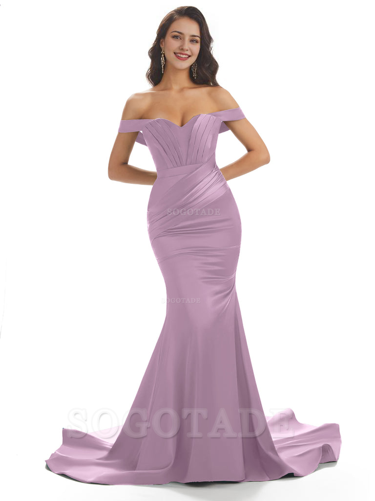Sexy Mermaid Off The Shoulder Floor-Length Long Soft Satin Bridesmaid Dresses Online prom shop dresses