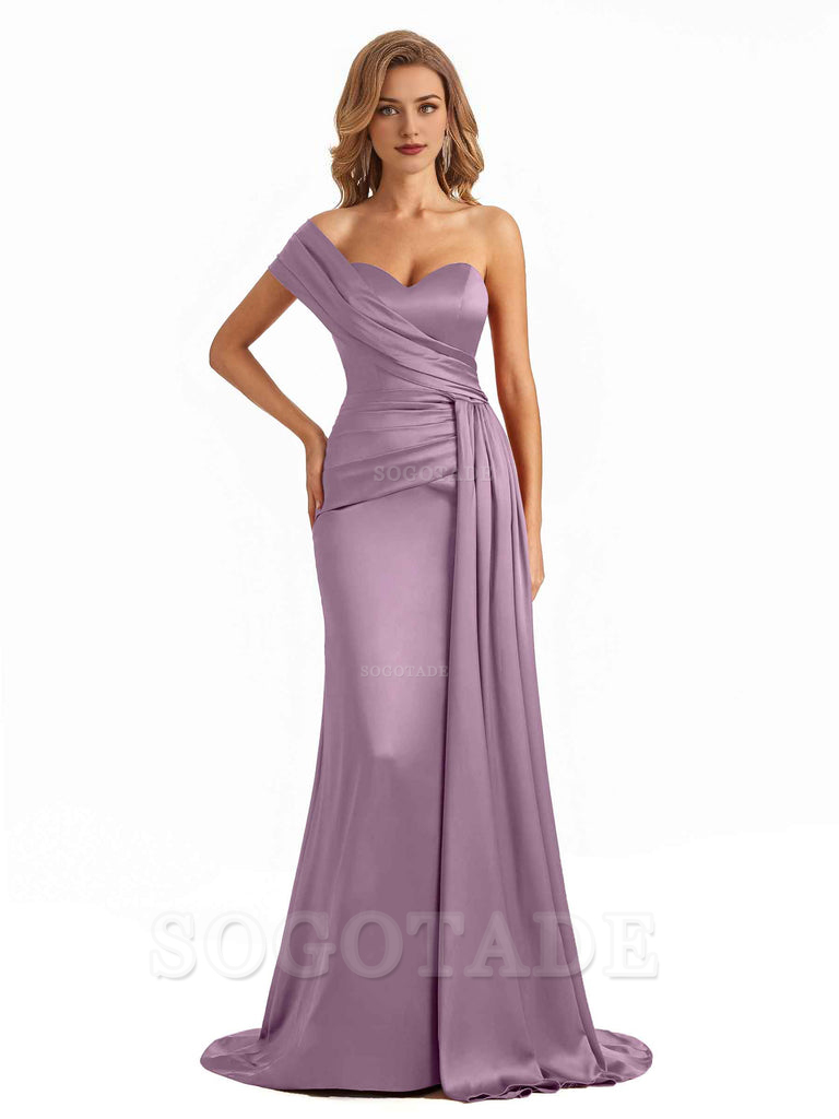 Elegant One Shoulder Soft Satin Long Mermaid Bridesmaid Dresses Online prom shop dresses ﻿