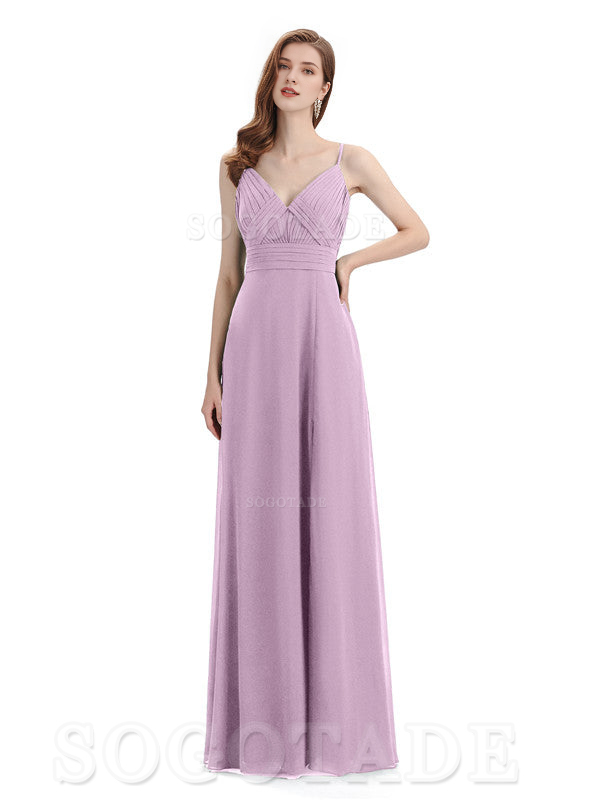Chiffon V-Neck Spaghetti Strap Floor-Length Side Fork Long Bridesmaid Dresses Formal Women's Dresses Wedding Guests Dresses