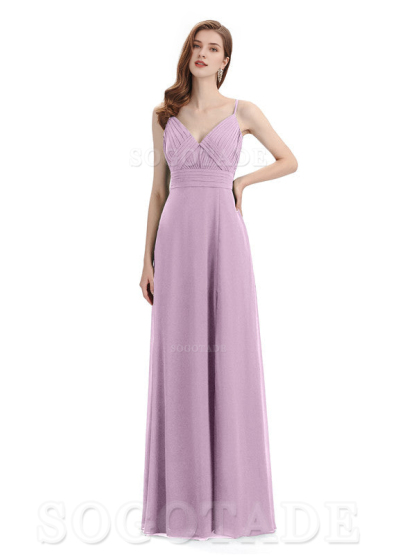 Chiffon V-Neck Spaghetti Strap Floor-Length Side Fork Long Bridesmaid Dresses Formal Women's Dresses Wedding Guests Dresses